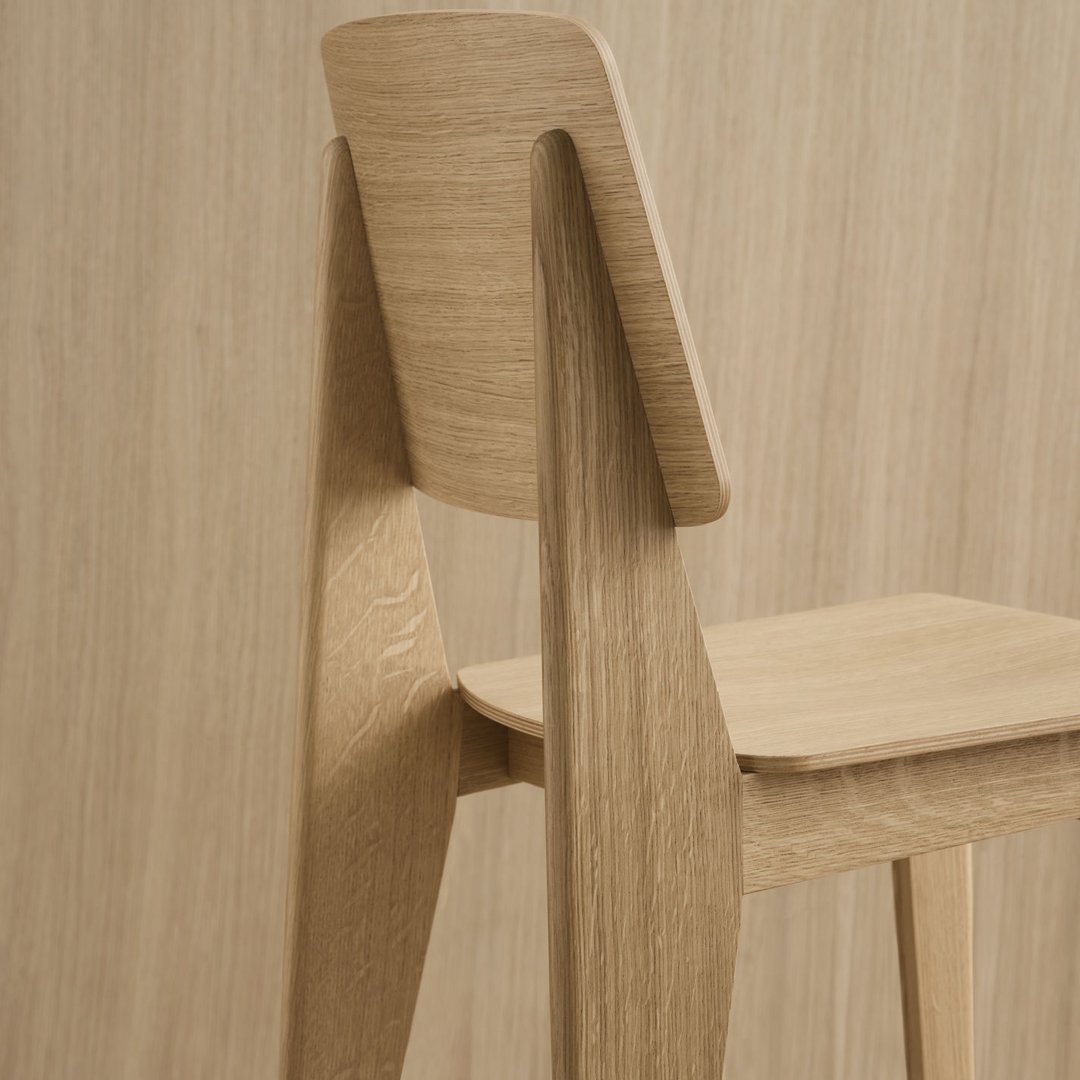 Natural wood chair with a light oak finish, featuring smooth lines and a minimalist design against a matching wood backdrop.