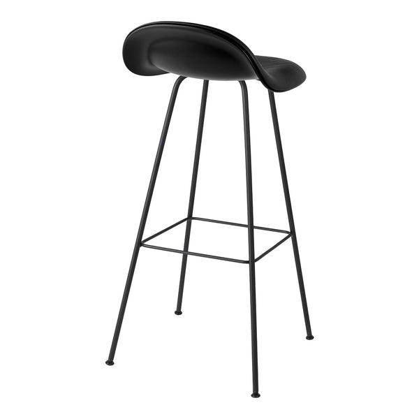 Black modern bar stool with sleek curves and minimalist design, featuring a matte finish and slender metal legs.
