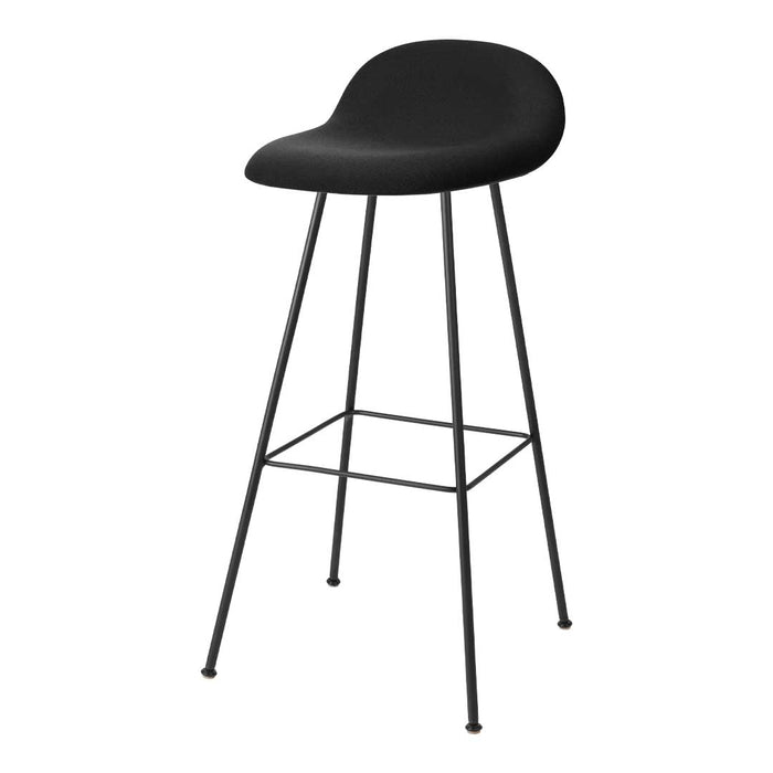 Black bar stool with a sleek, curved seat and minimalist metal frame, featuring a matte finish for a modern look.