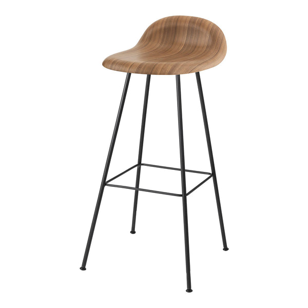 Wooden bar stool with a smooth, wavy brown seat and sleek black metal legs, perfect for modern decor.