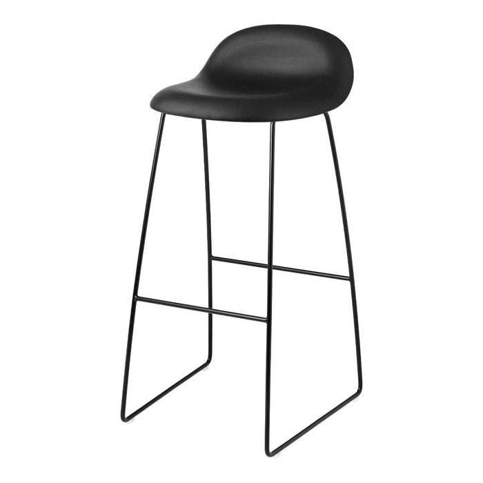 Black bar stool with a smooth, matte finish and sleek metal legs, ideal for a modern aesthetic and versatile decor.