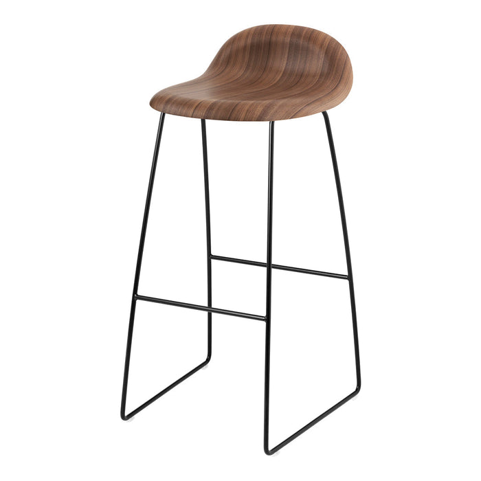 Wood grain brown bar stool with a sleek black metal frame, featuring a modern and minimalist design.