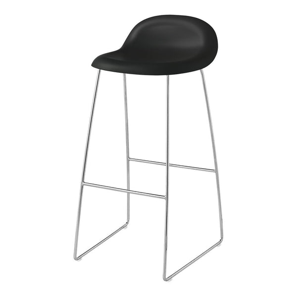 Sleek black bar stool with a smooth, curved seat and chrome legs, perfect for modern decor.