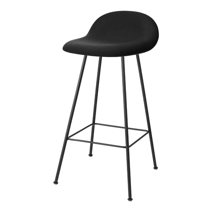 Black bar stool with a rounded seat and slender black metal legs. Modern minimalist design for versatile decor.
