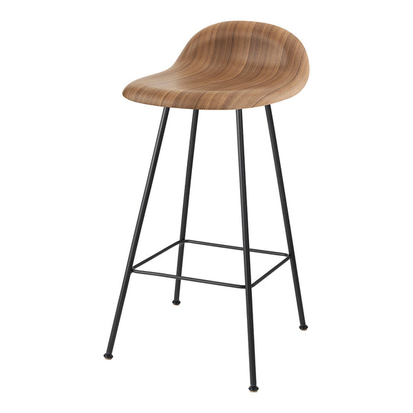 Stylish wooden bar stool with a warm brown finish and sleek black metal legs, featuring a smooth, curved design.