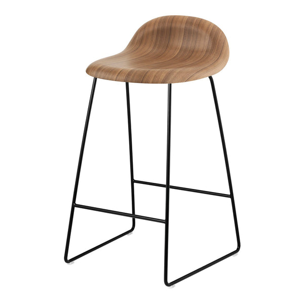 Wooden bar stool with a natural wood grain finish and sleek black metal legs for a modern look.