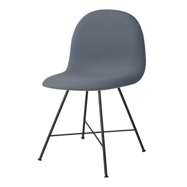Gray upholstered chair with a smooth finish and black metal legs, featuring a minimalist design.