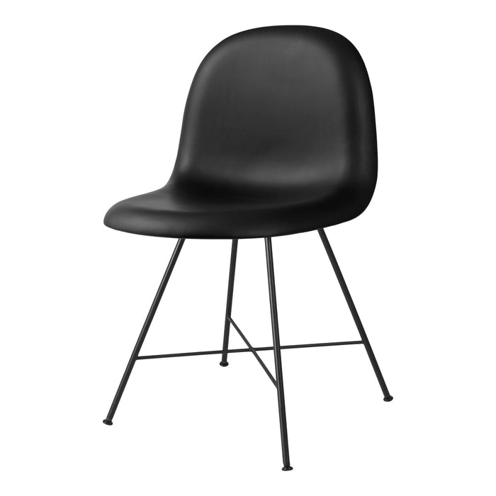 Sleek black chair with a curved seat and thin black metal legs, perfect for modern decor.