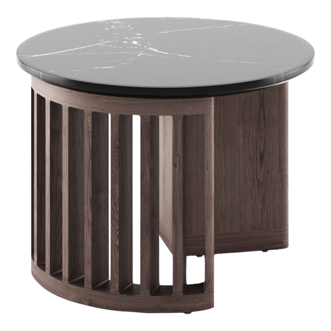 Round coffee table with a sleek black marble top and a warm wood base featuring vertical slats. Modern and stylish design.