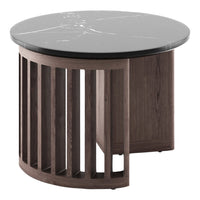 Round coffee table with a sleek black marble top and a warm wood base featuring vertical slats. Modern and stylish design.