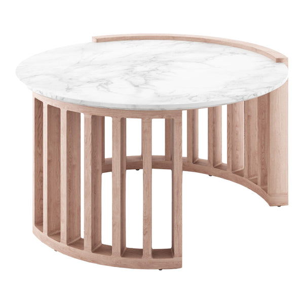 Round coffee table featuring a white marble top and a light wood slatted base with a curved design. Perfect for modern decor.