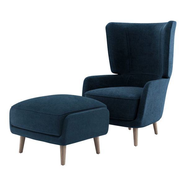 Navy blue upholstered armchair with matching ottoman, featuring a sleek, minimalist design and wooden legs.
