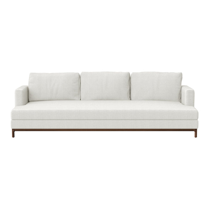 Minimalist white sofa with smooth fabric and sleek wood base, perfect for modern interiors.