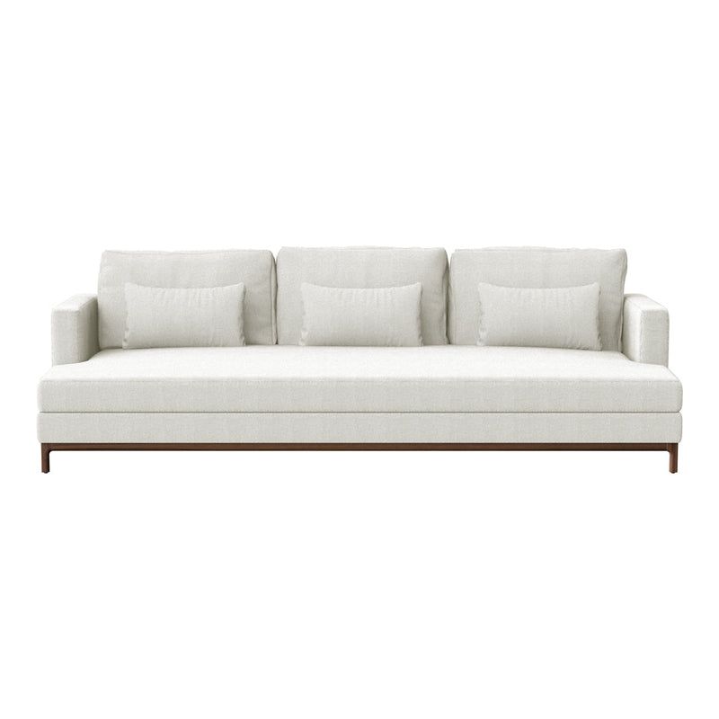Neutral cream sofa with subtle texture and three plush back cushions, complemented by a sleek wooden base.
