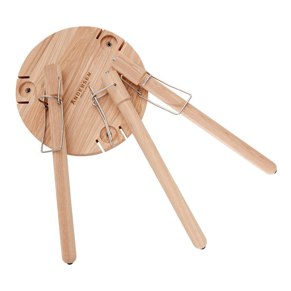 Natural wood finish with smooth grain, featuring a round base and three light wooden handles.