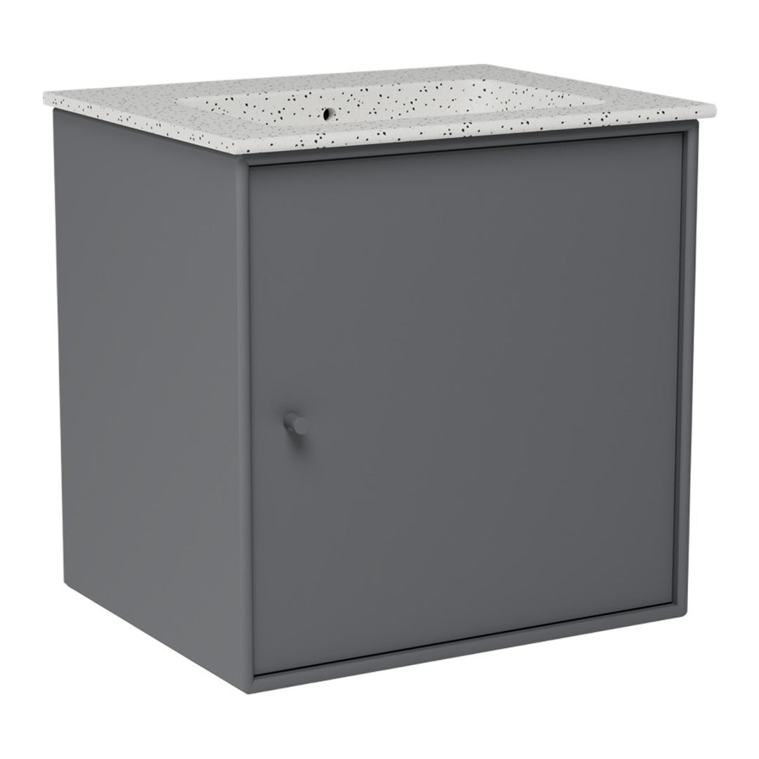 Gray cabinet with a textured, speckled countertop and a solid front panel. Modern and minimalist design.