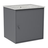 Gray cabinet with a textured, speckled countertop and a solid front panel. Modern and minimalist design.