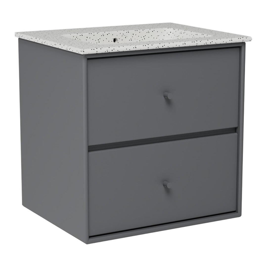 Gray cabinet with two drawers and a speckled white top, featuring a modern design and sleek finish.