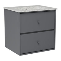 Gray cabinet with two drawers and a speckled white top, featuring a modern design and sleek finish.