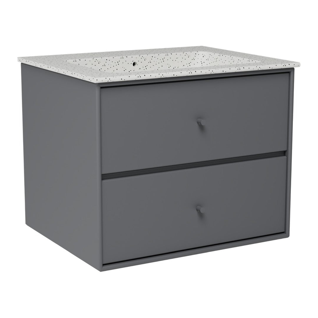 Gray storage cabinet with a speckled white countertop and sleek handles, offering a modern decorative accent.