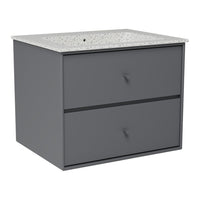 Gray storage cabinet with a speckled white countertop and sleek handles, offering a modern decorative accent.