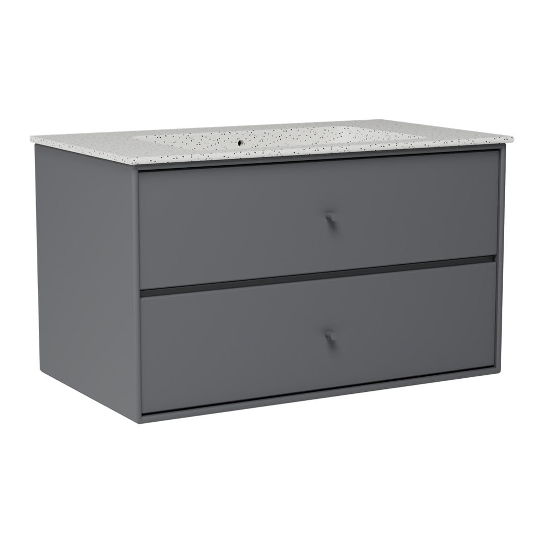 Gray bathroom vanity with two drawers and a speckled countertop, featuring a modern, minimalist design.