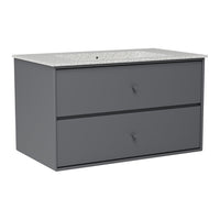 Gray bathroom vanity with two drawers and a speckled countertop, featuring a modern, minimalist design.