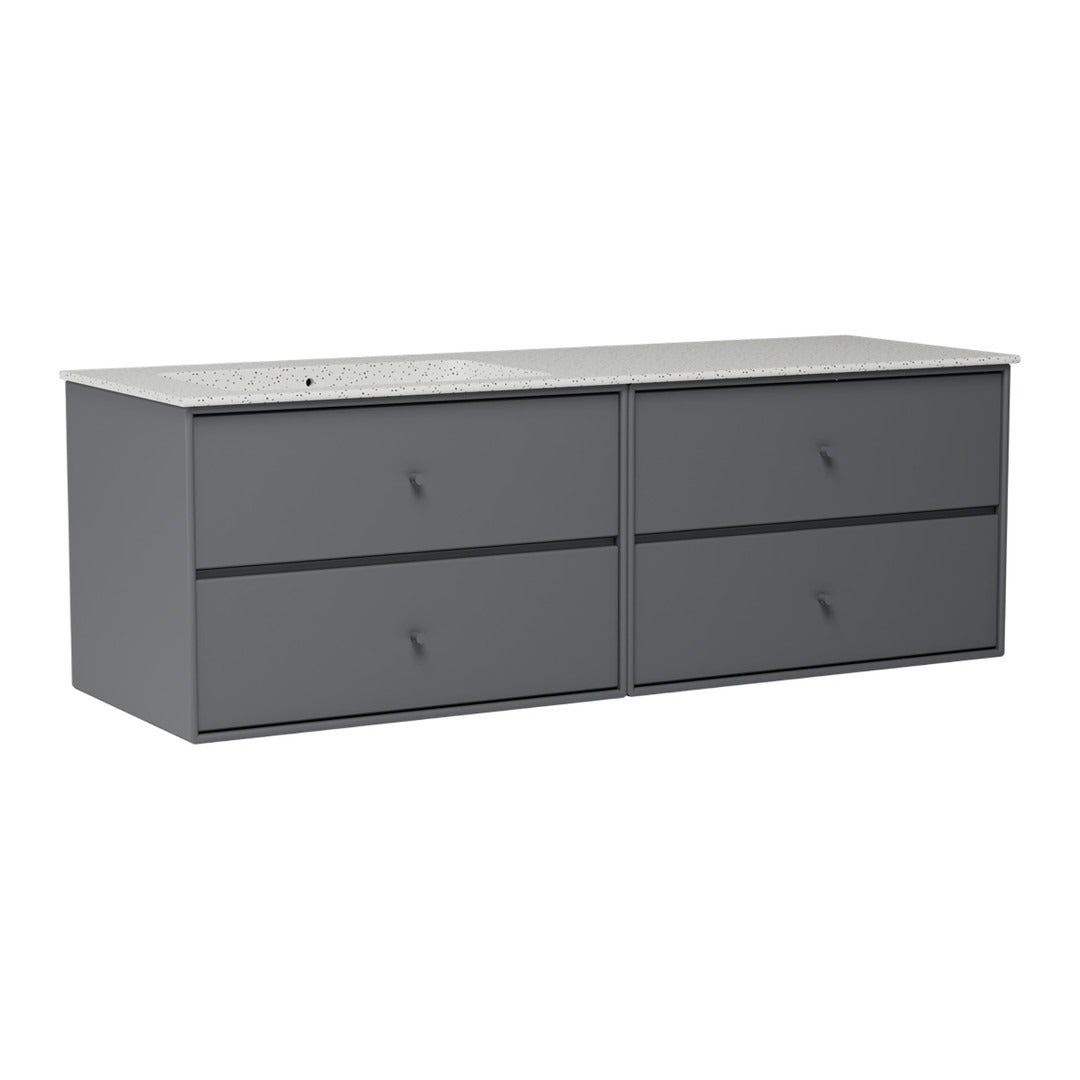 Gray four-drawer dresser with a smooth surface and minimalist design. Perfect for any modern decor.