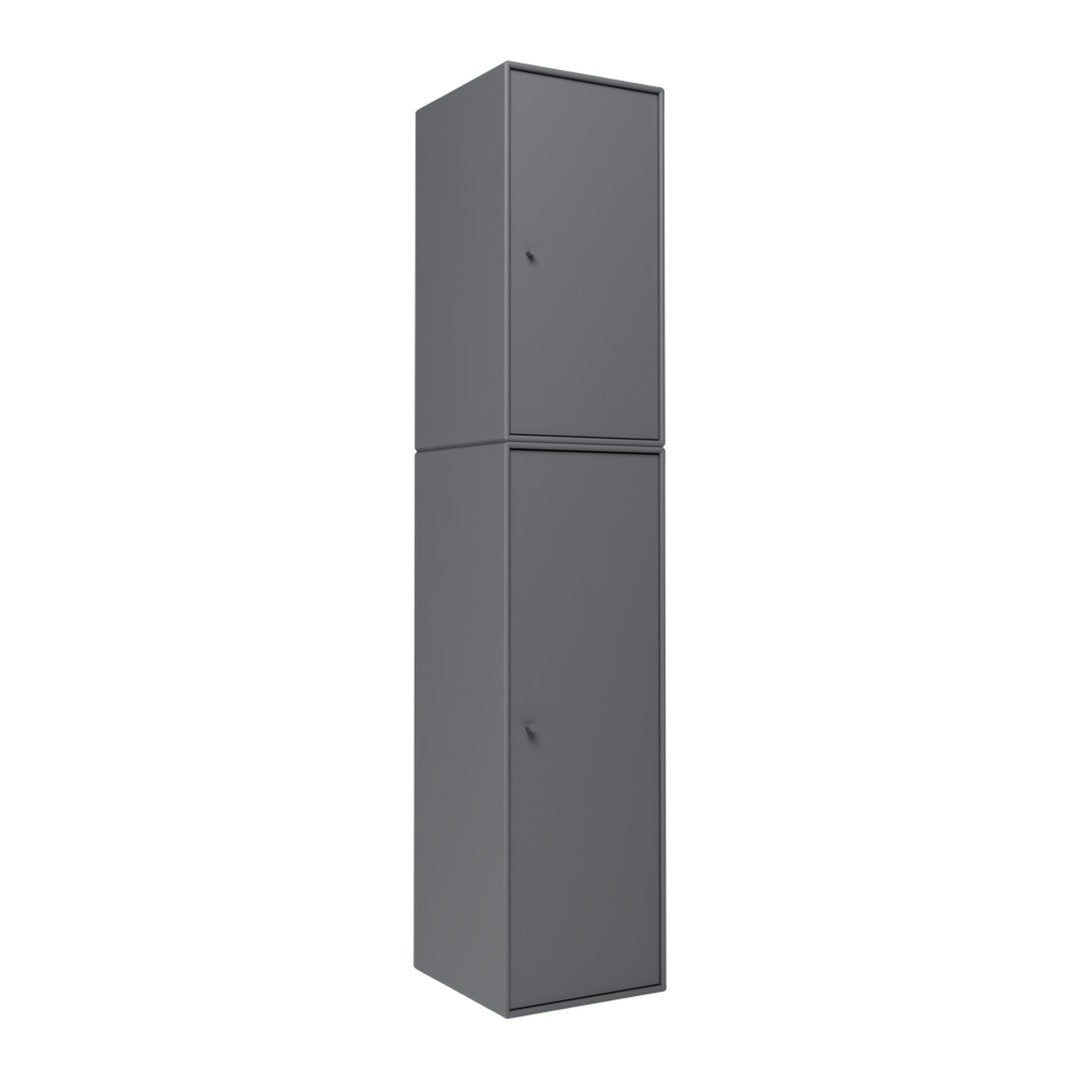 Gray two-door storage cabinet with a sleek, minimal design and smooth finish. Ideal for modern interiors.