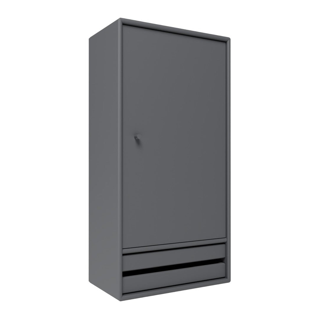 Gray wardrobe with a sleek, minimalistic design and a smooth finish, featuring a single door and two drawers.