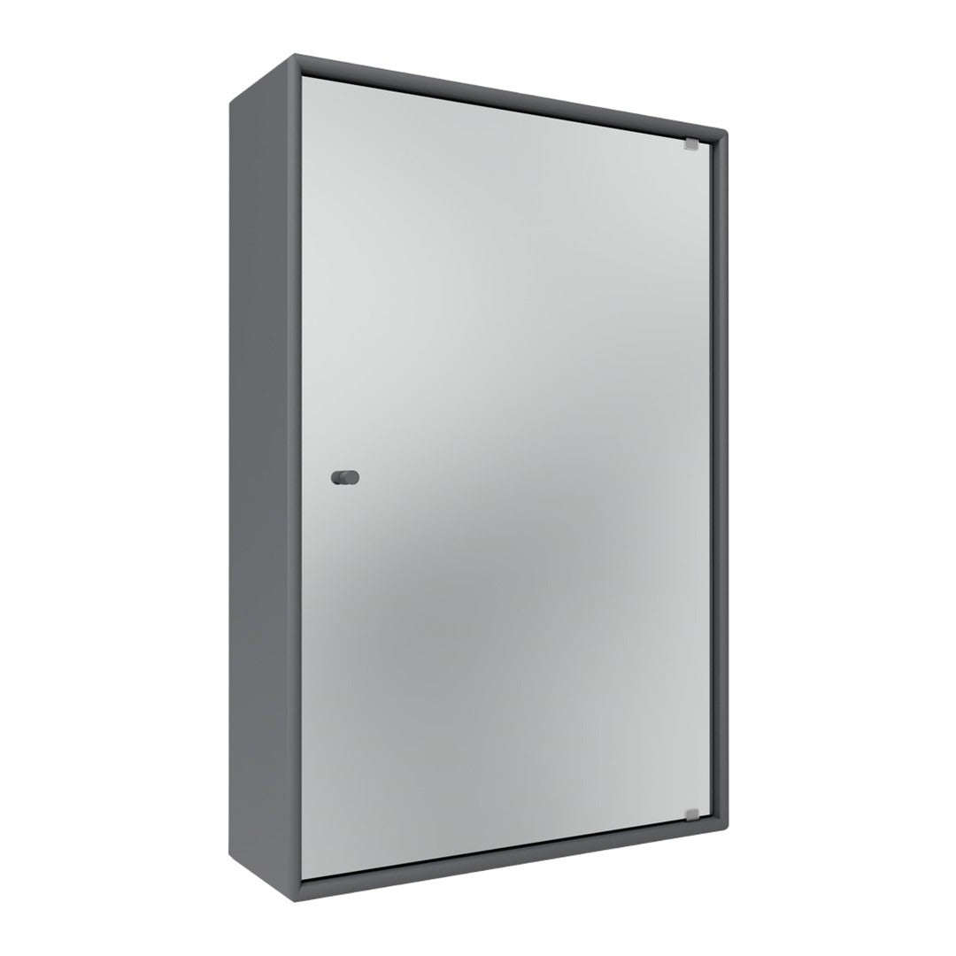 Gray metal cabinet with a sleek, reflective surface and minimalist design, perfect for modern interiors.