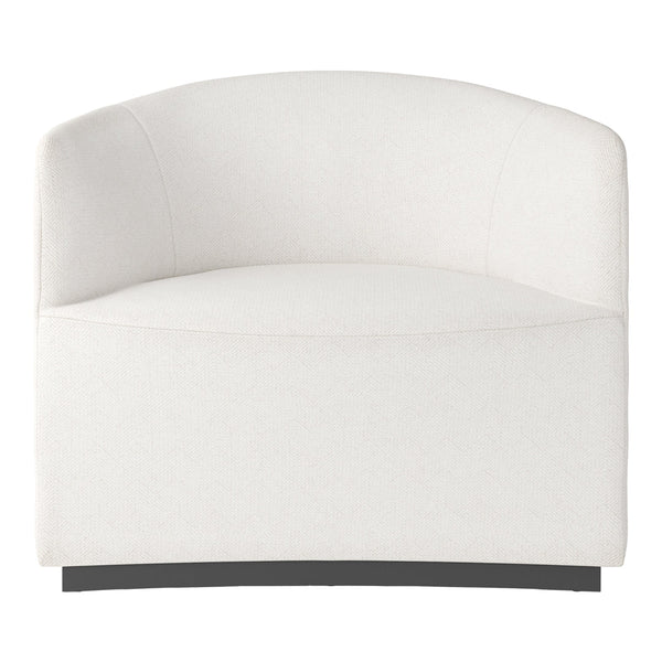 Curved white upholstered chair with subtle herringbone pattern and sleek black base. Perfect for modern decor.