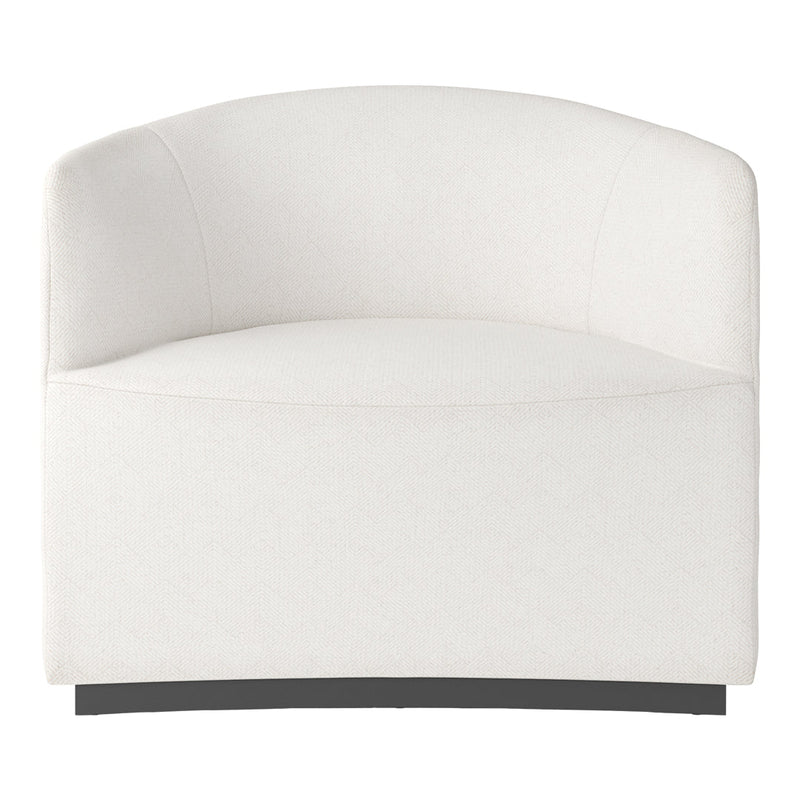 Curved white upholstered chair with subtle herringbone pattern and sleek black base. Perfect for modern decor.