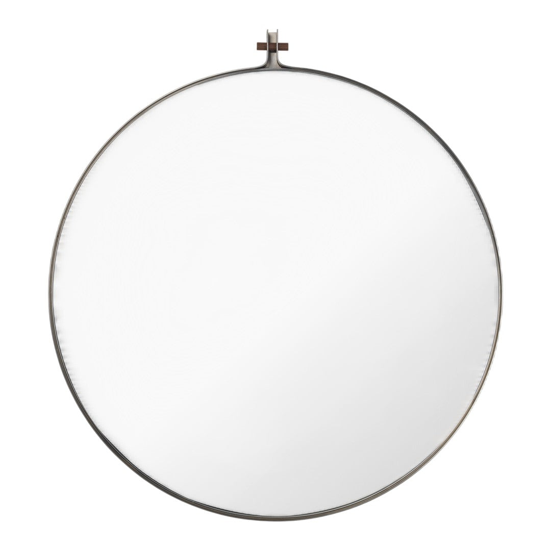 Round mirror with a sleek black metal frame and minimalist design, featuring a clear reflective surface.