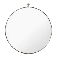 Round mirror with a sleek black metal frame and minimalist design, featuring a clear reflective surface.