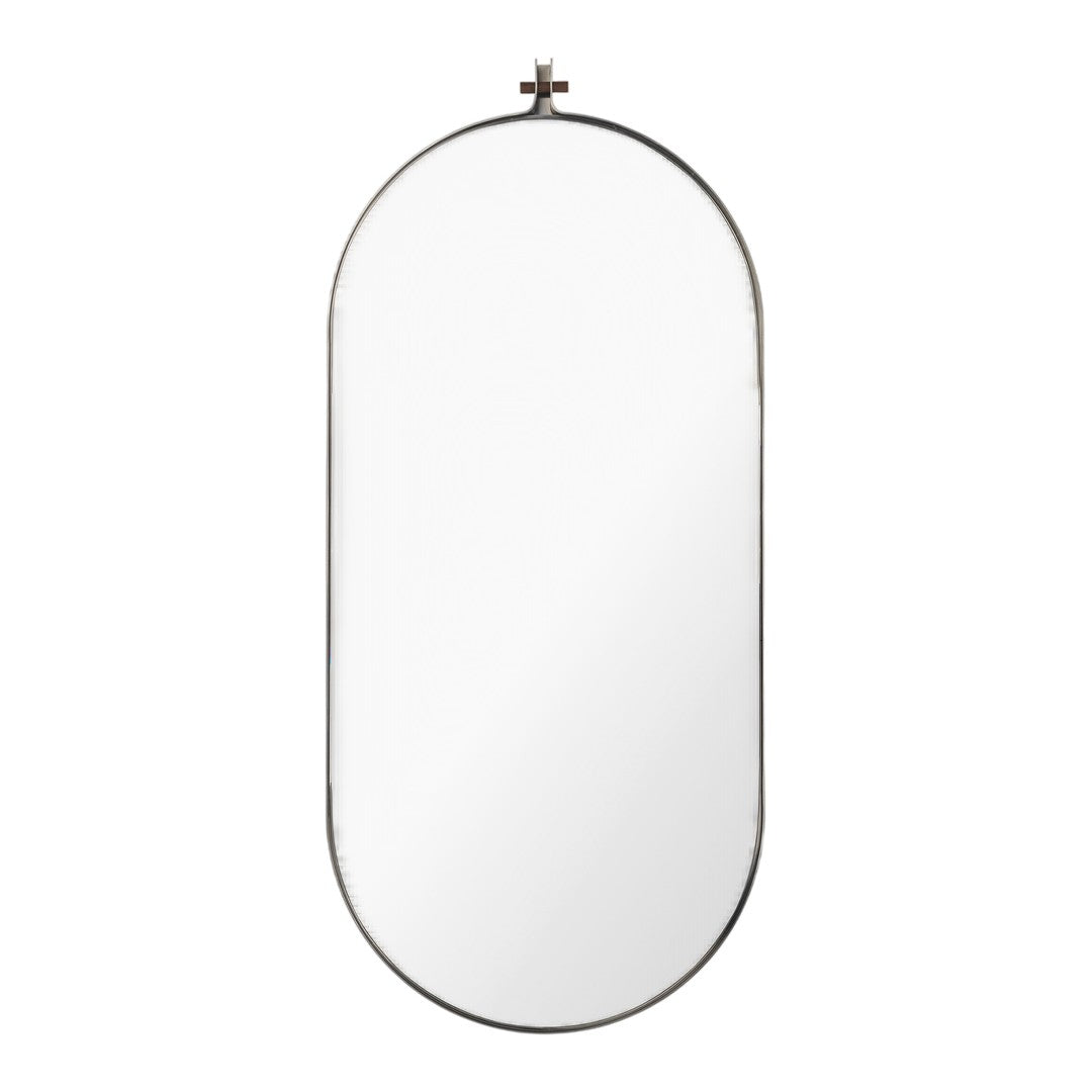 Oval wall mirror with a sleek gold frame, reflecting a minimalistic and modern design. Ideal for any decor.