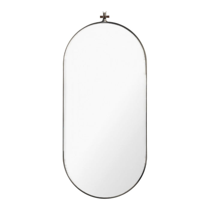 Oval wall mirror with a sleek gold frame, reflecting a minimalistic and modern design. Ideal for any decor.