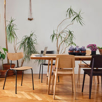 Natural wood tones and black accents on modern chairs; vibrant green plants and purple flowers in a bright, airy setting.