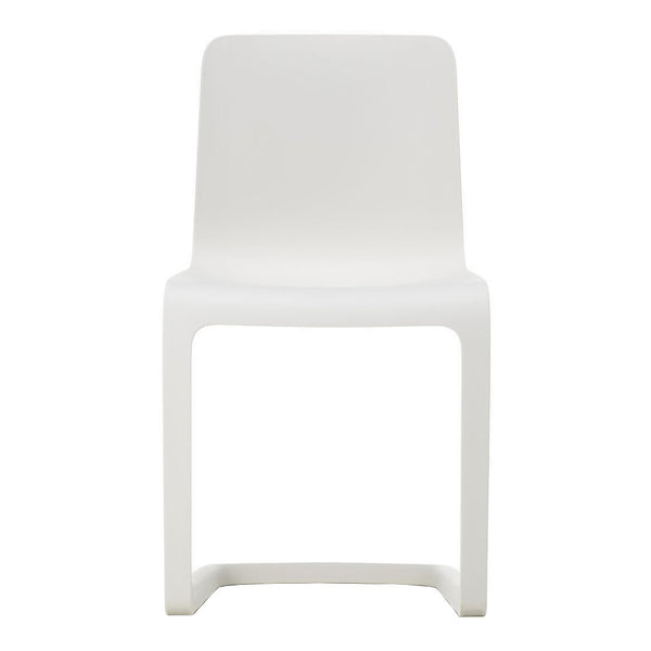 White minimalist chair with a sleek, smooth design, perfect for modern spaces. No visible patterns or textures.