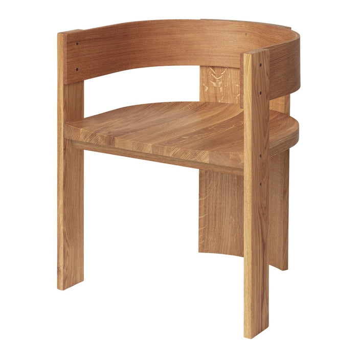 Natural wood chair with a smooth, curved design featuring warm, light oak tones and a minimalist, modern aesthetic.