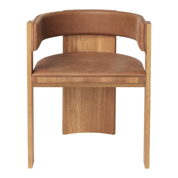 Brown leather chair with a natural wood frame and smooth, minimalist design. Elegant and modern aesthetic.
