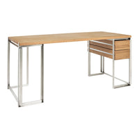 Natural wood desk with a light oak finish and a sleek silver metal frame, featuring simple, modern lines.