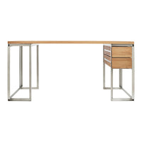 Modern desk featuring a light wood top and brushed metal legs with a minimalist design and two wooden drawers.