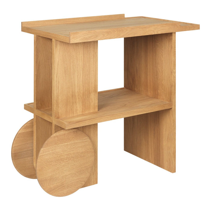 Natural wood finish with a smooth texture, featuring a minimalist design and round cut-out wheels.