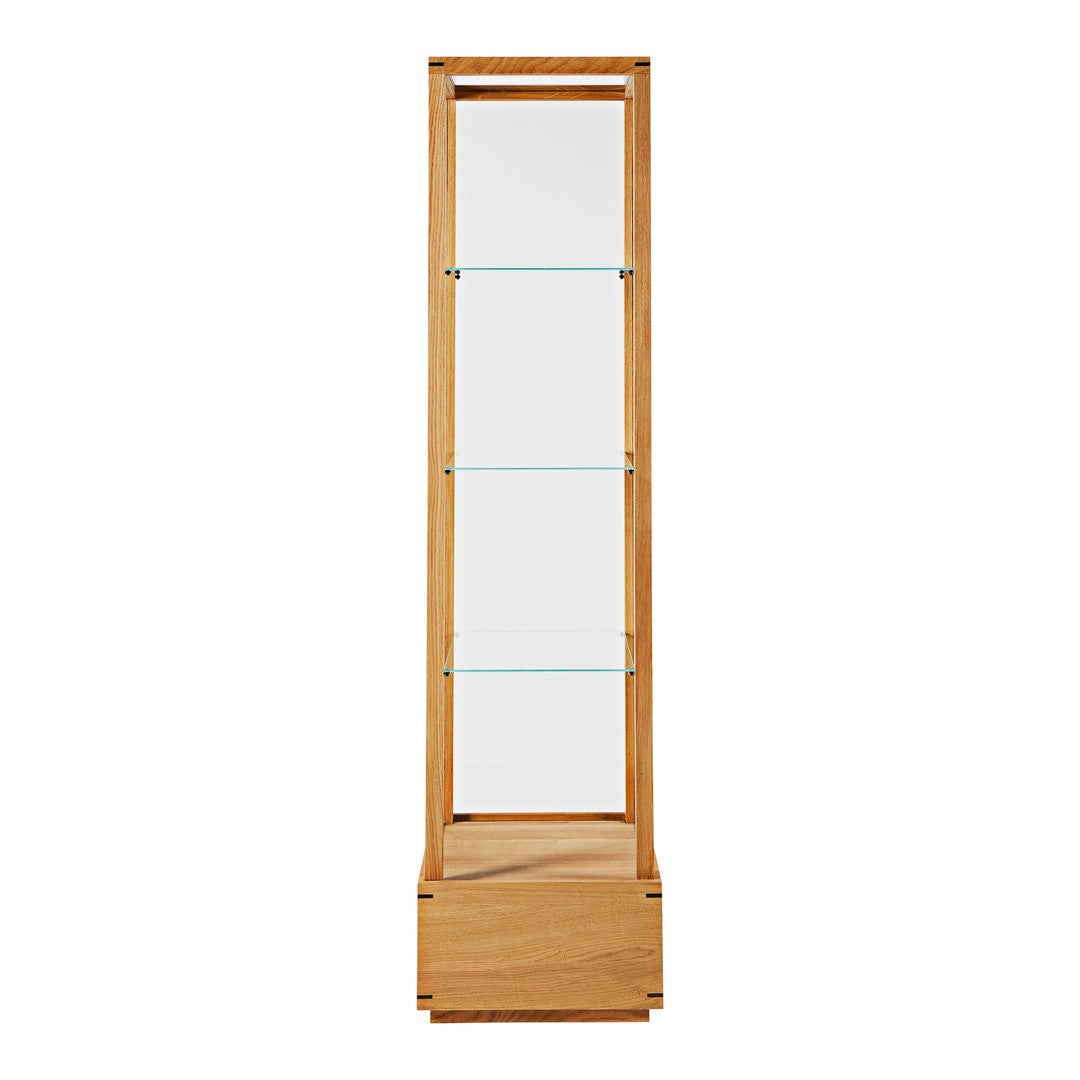 Natural wood display case with a smooth finish and four clear glass shelves, showcasing a minimalist design.