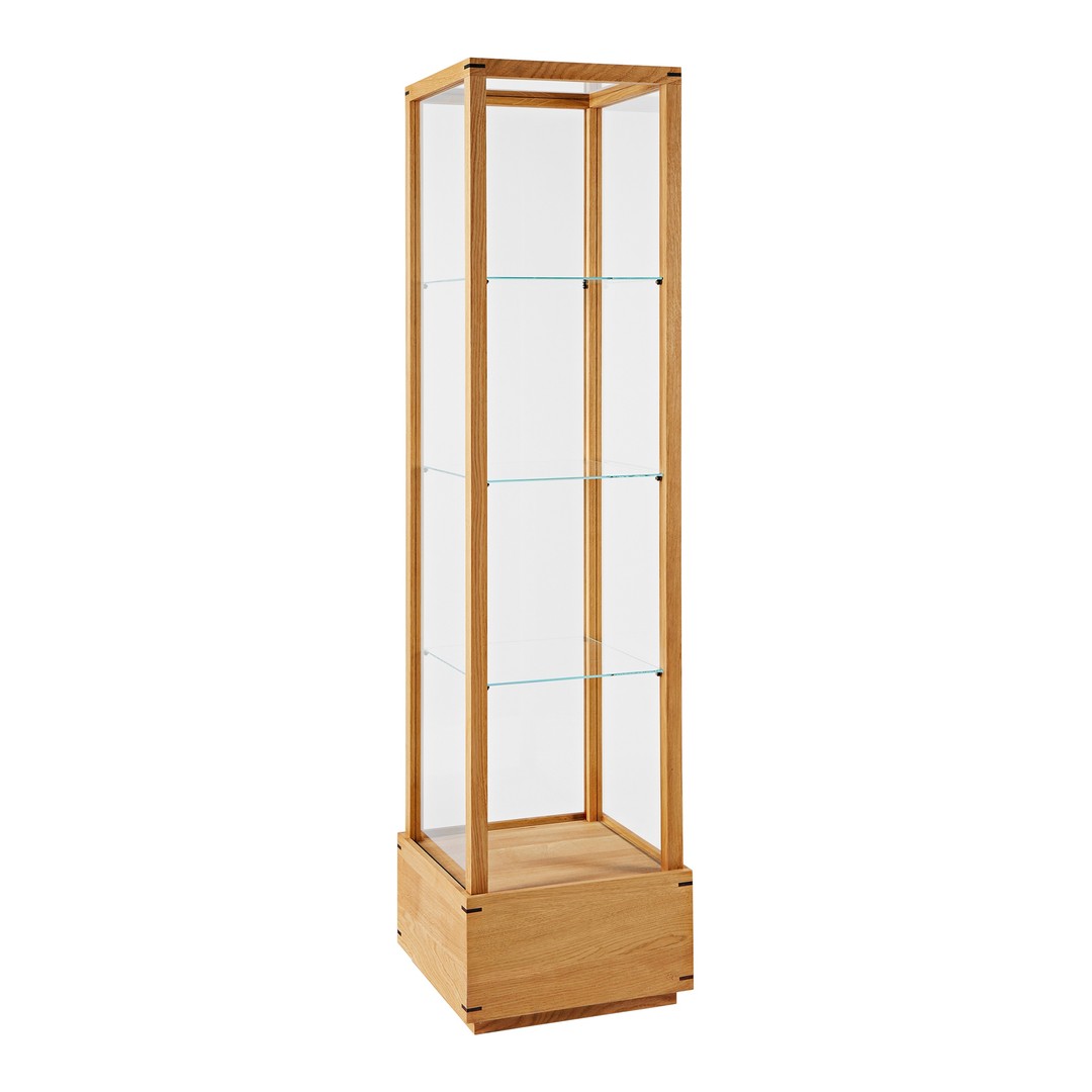 Natural wood display cabinet with clear glass shelves, featuring a sleek, minimalistic design.