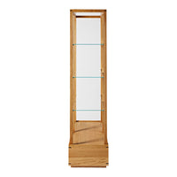 Tall wooden display cabinet with natural oak finish and clear glass shelves. Simple, modern design for any decor.