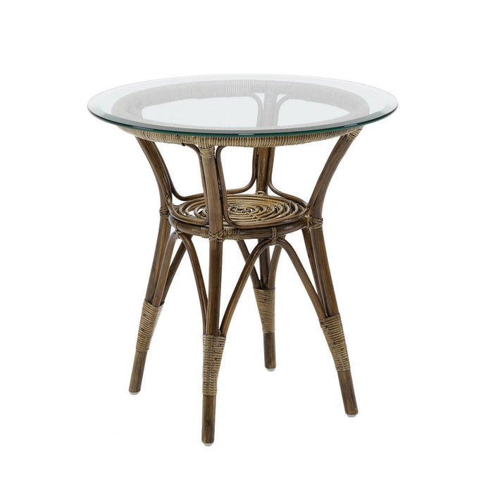 "Round glass-top table with a natural woven rattan base, showcasing a subtle brown color and decorative patterns."
