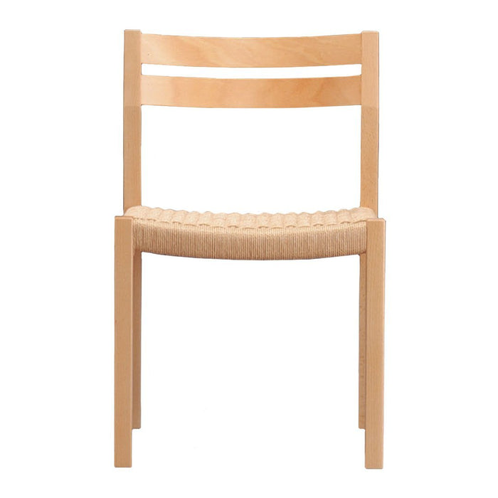 Natural wood chair with a light beige seat and minimalist design, featuring a subtle woven pattern.