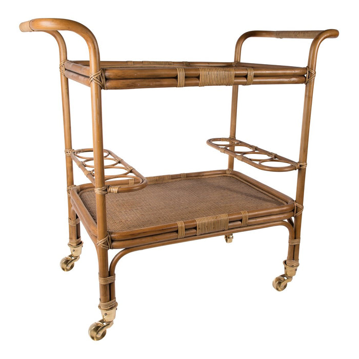 Bamboo serving cart with natural wood finish and woven cane shelves for a warm, rustic look.